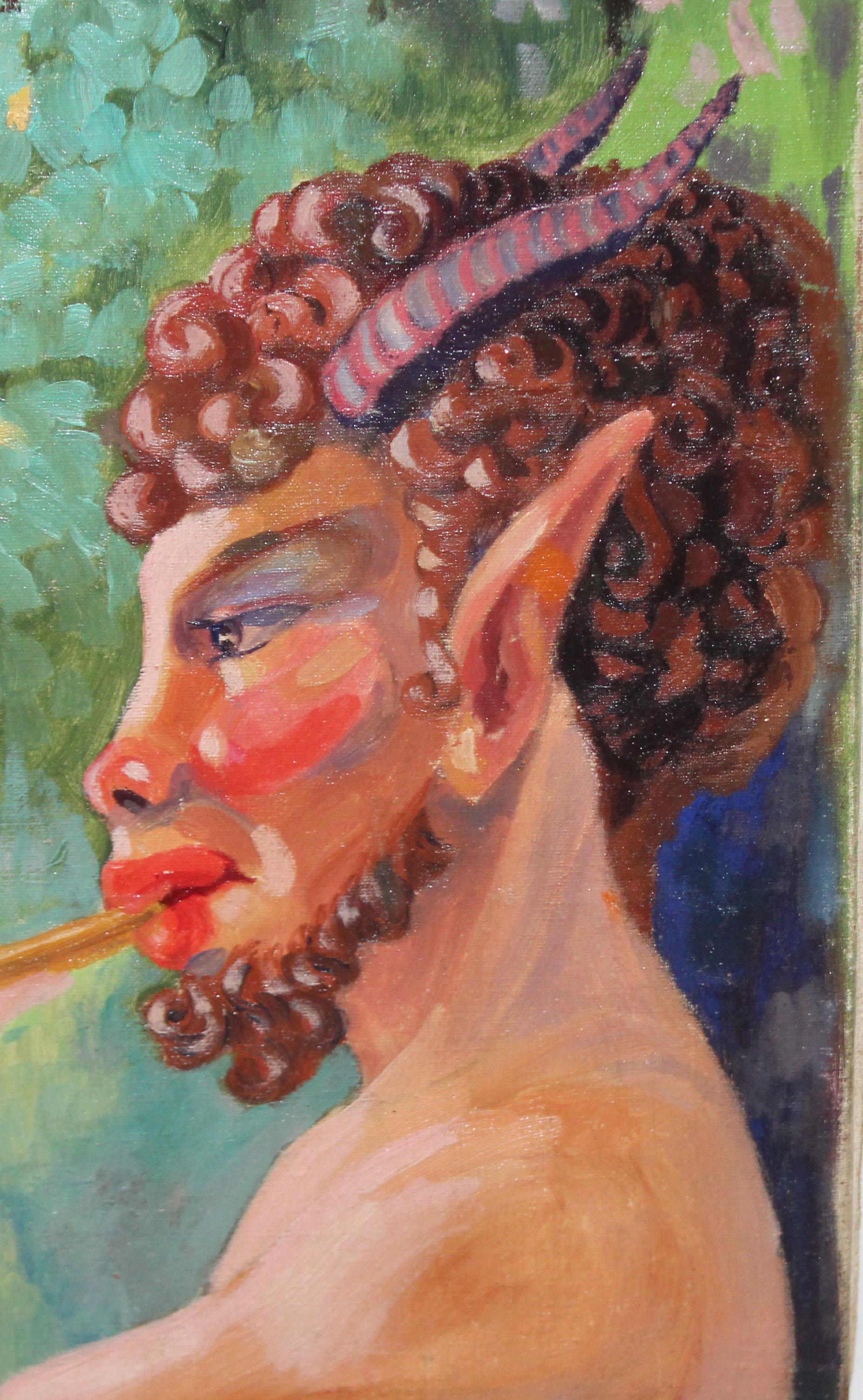 Óleo sobre tela - Fauno tocando la flauta y ninfas en un bosque im Angebot 2