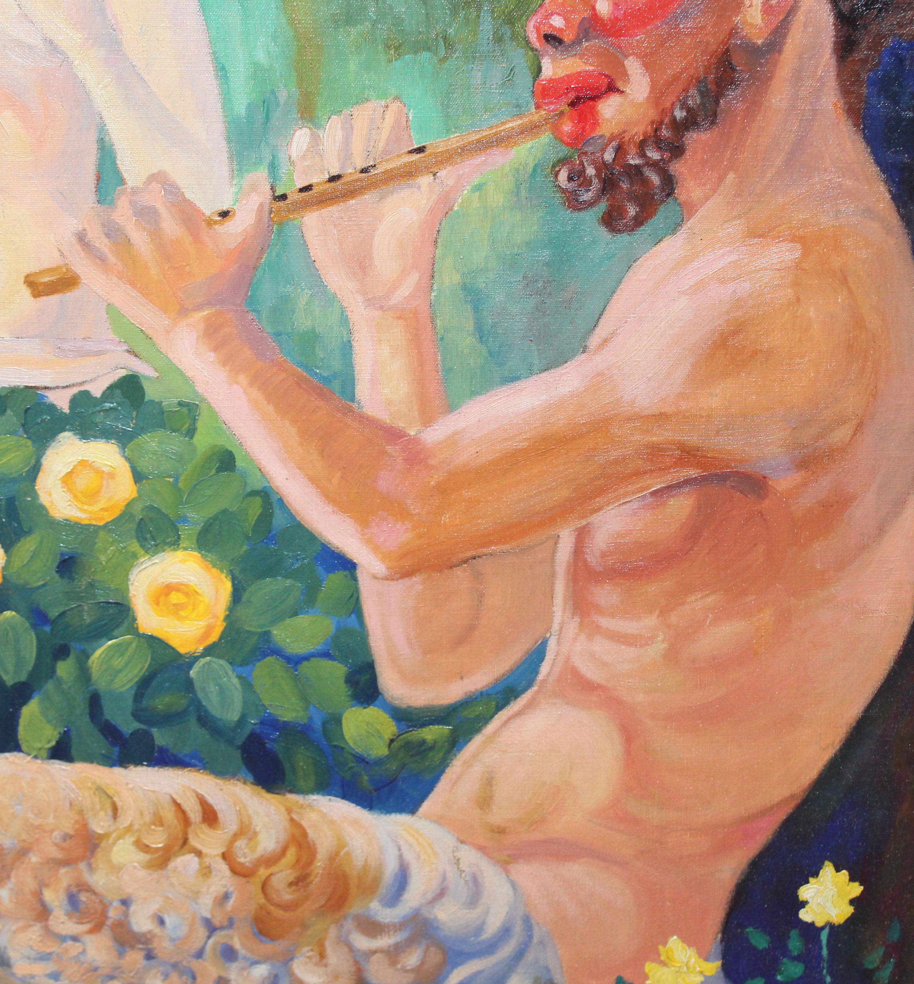 Óleo sobre tela - Fauno tocando la flauta y ninfas en un bosque im Angebot 3