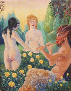 Óleo sobre tela - Fauno tocando la flauta y ninfas en un bosque