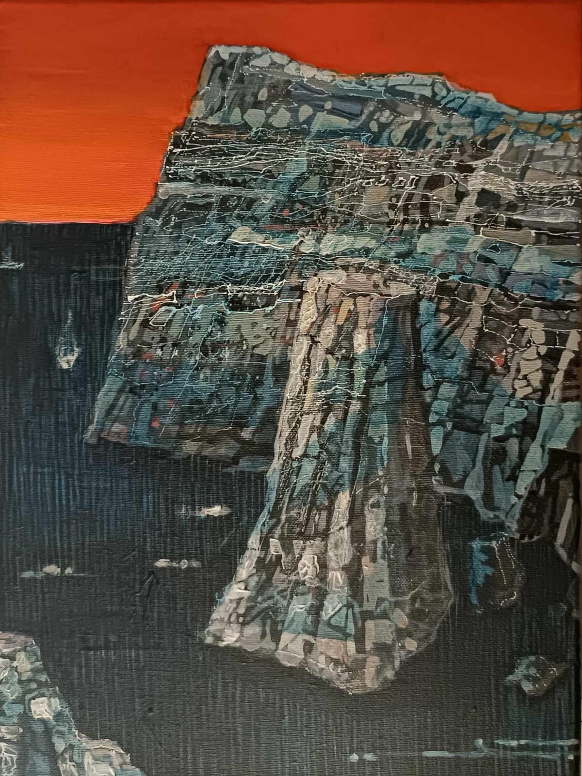 Une falaise. Paysage vibrant, montagnes contemporaines Peinture acrylique
