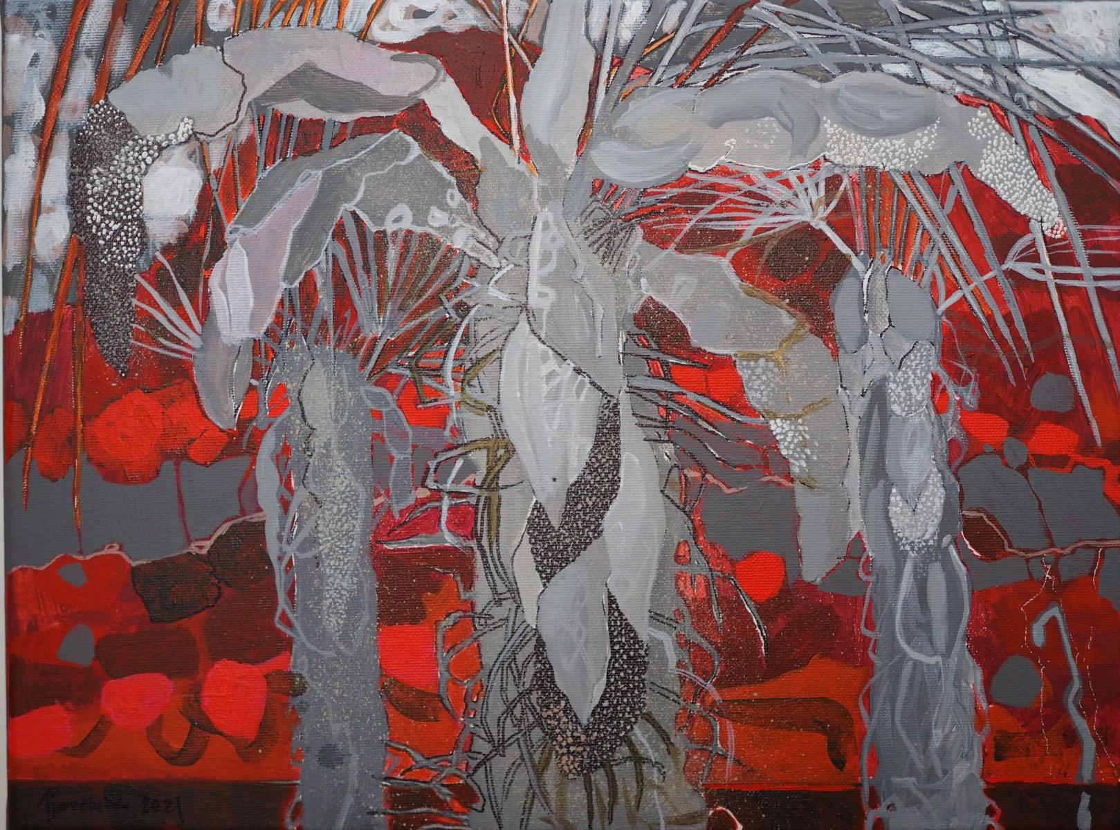 Une île rouge - XXIe siècle, peinture à l'acrylique représentant une flore contemporaine - Painting de Andrzej Borowski