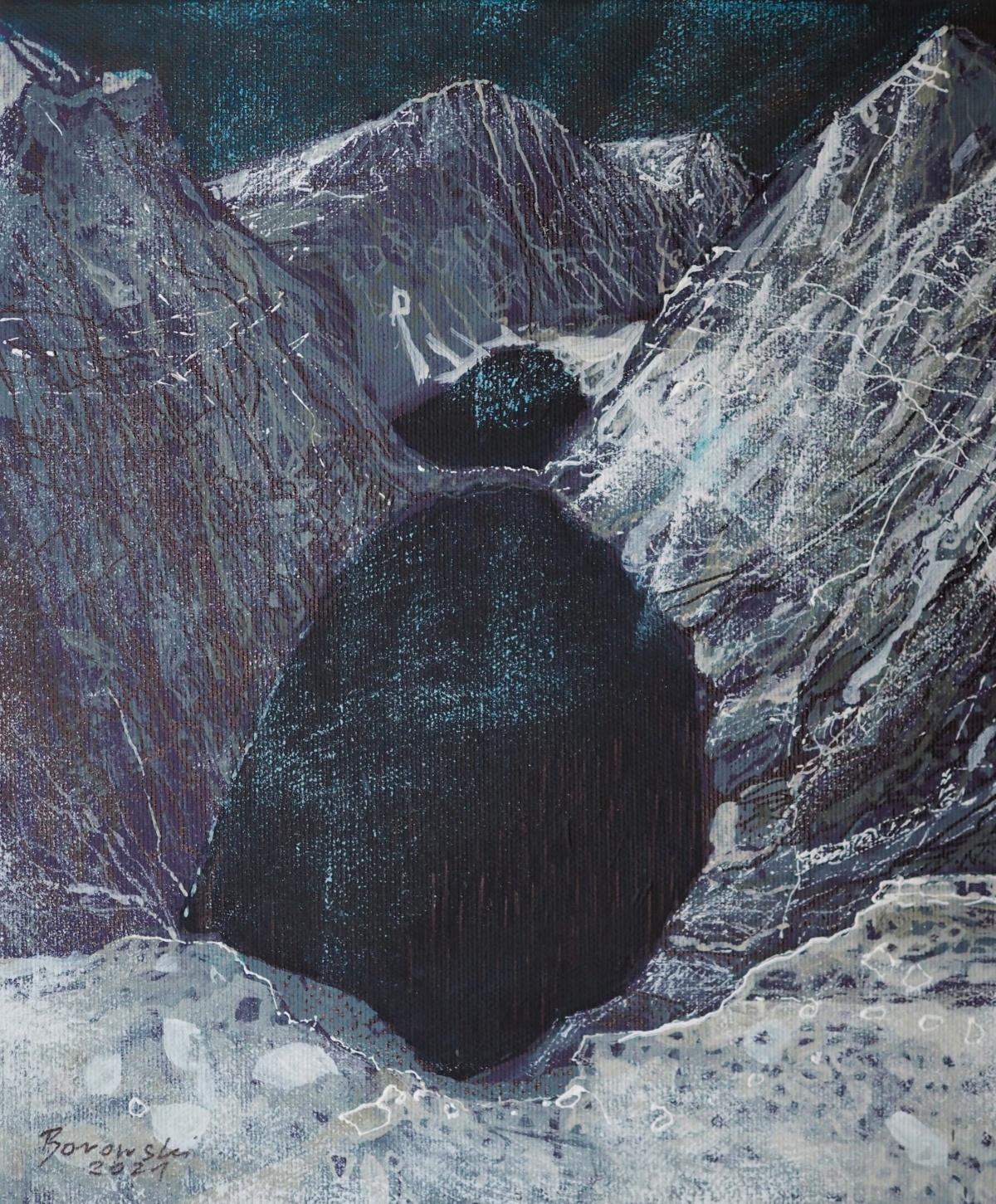 Le lac Noir - XXIe siècle, peinture acrylique contemporaine de montagnes