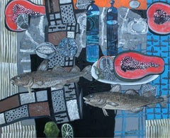 Fish and papayas - XXI century, Still life, Acrylics and mixed media painting