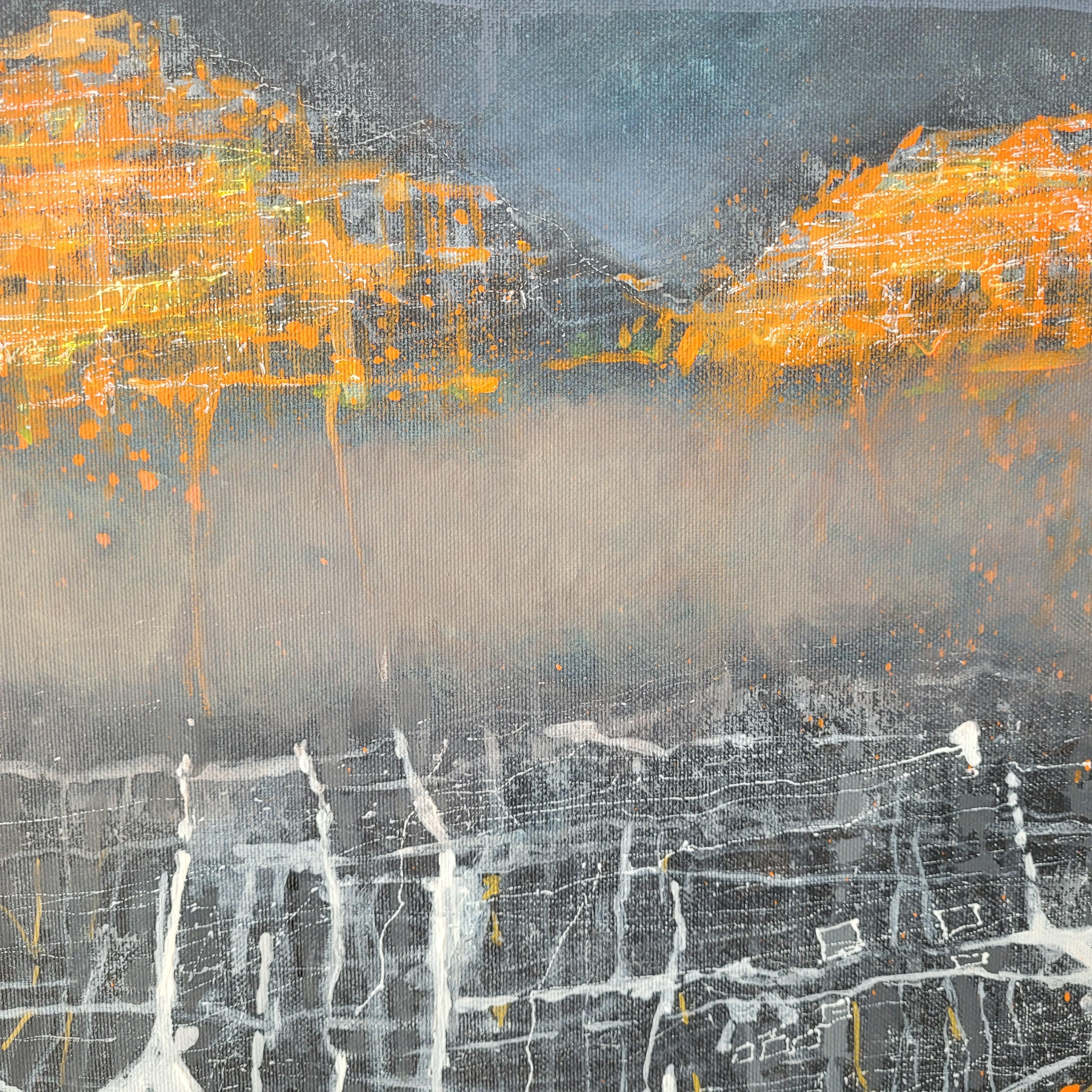 Iversione orancione. Paysage vibrant, montagnes contemporaines Peinture acrylique en vente 2