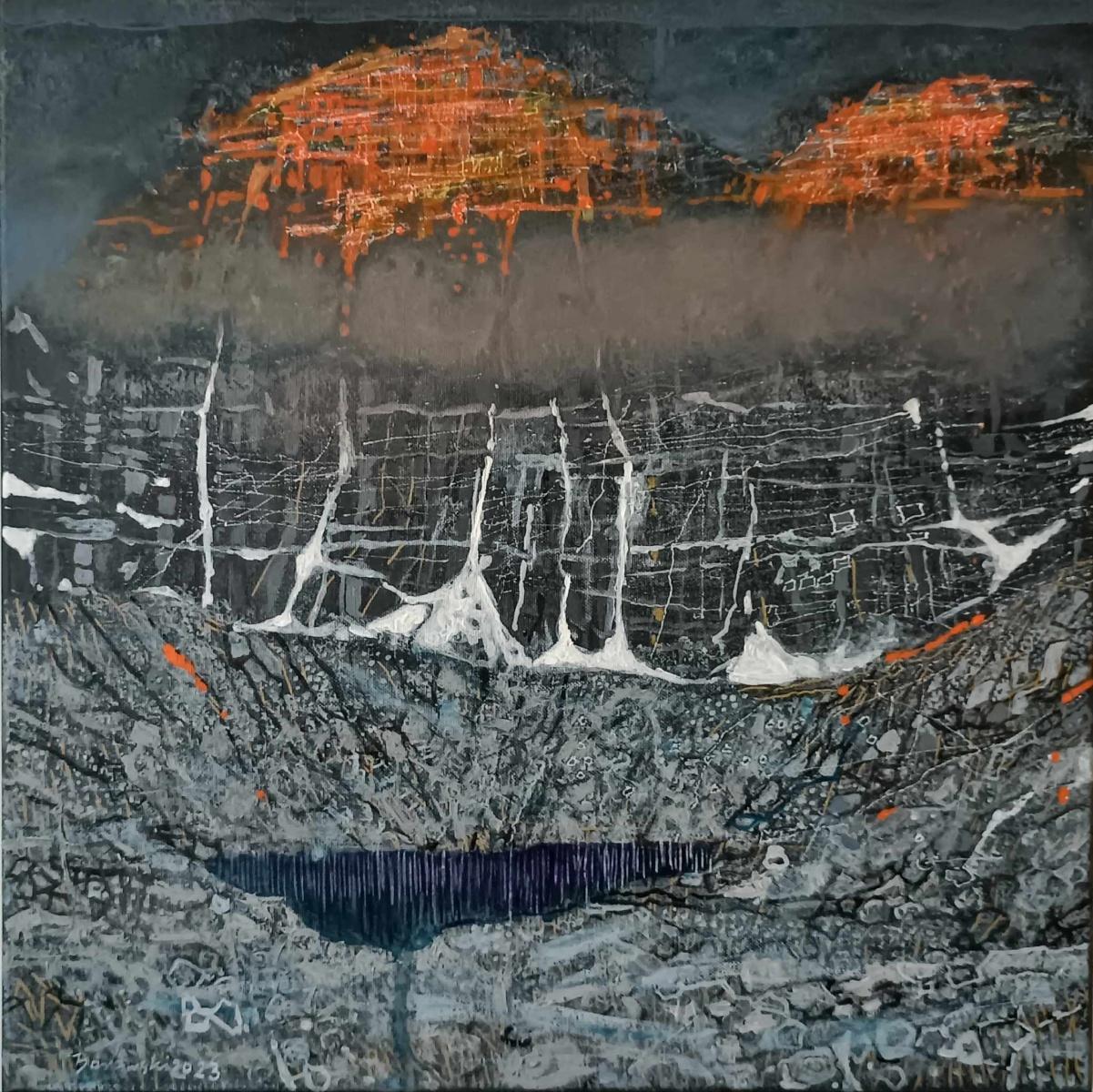Andrzej Borowski Landscape Painting - Iversione orancione. Vibrant landscape, Contemporary Mountains Acrylic Painting