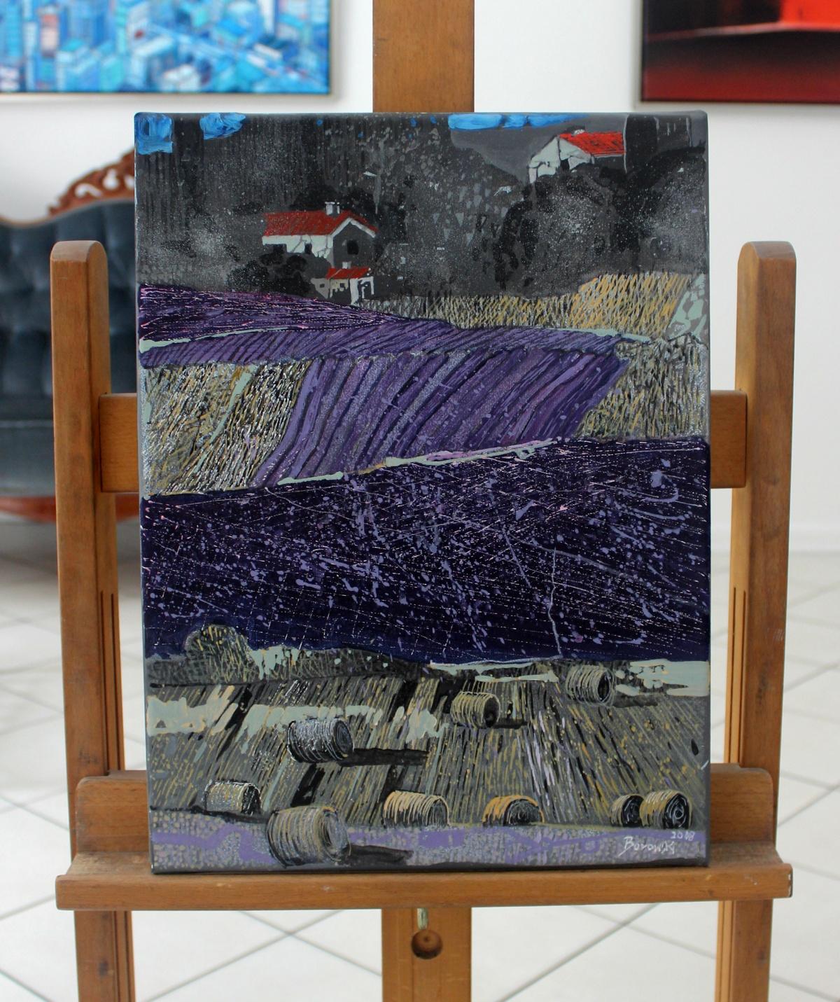 Lavender field - XXI century, Landscape, Acrylic and mixed media painting - Painting by Andrzej Borowski