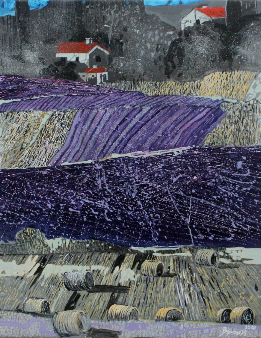 Andrzej Borowski Figurative Painting - Lavender field - XXI century, Landscape, Acrylic and mixed media painting