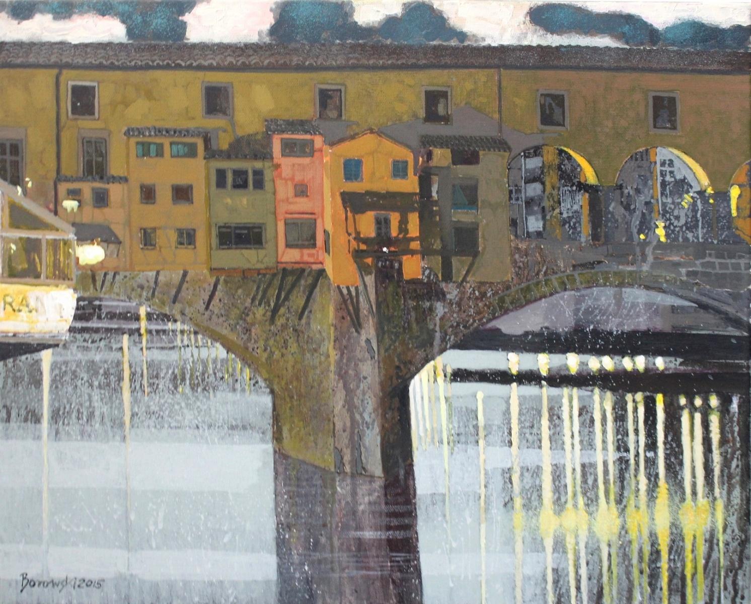 Andrzej Borowski Figurative Painting - Ponte Vecchio. Evening - XXI Century, Contemporary Painting, Landscape, Italy