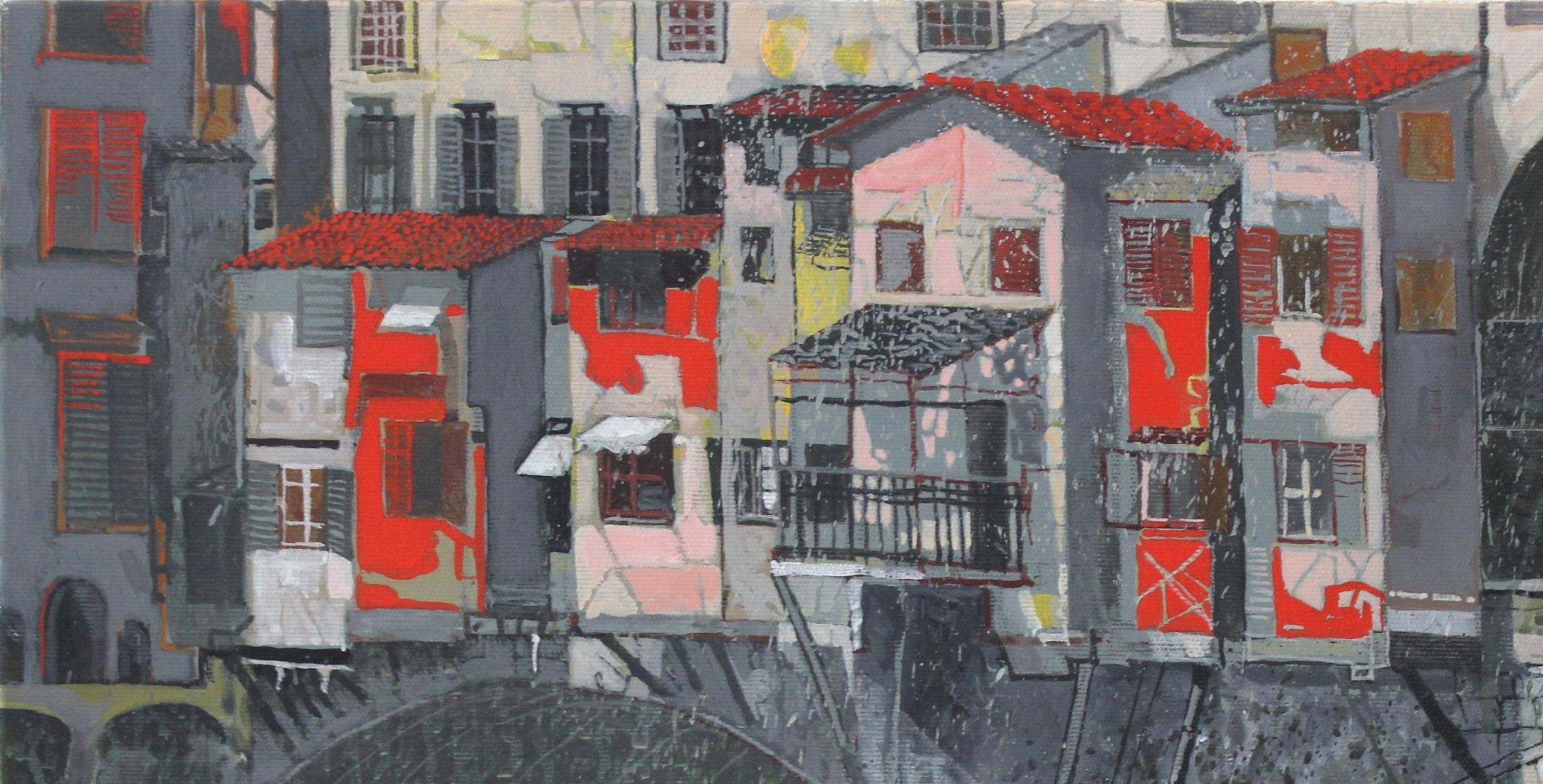 Ponte Vecchio - XXI Century, Landscape, Contemporary Painting, Italy - Gray Figurative Painting by Andrzej Borowski