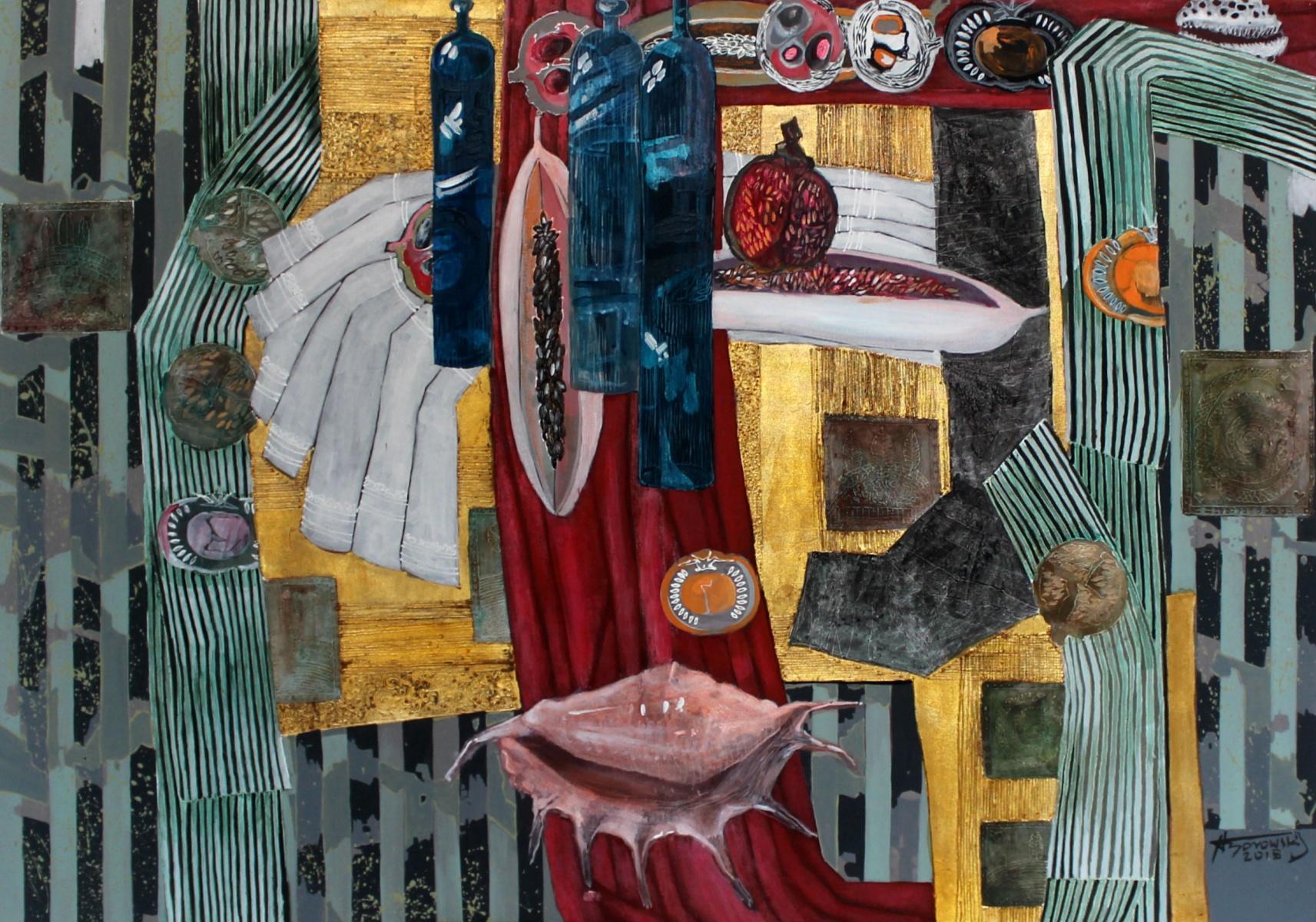 Stillleben aus Sansepolcro mit Muschel – 21. Jahrhundert, farbenfrohes Acrylgemälde