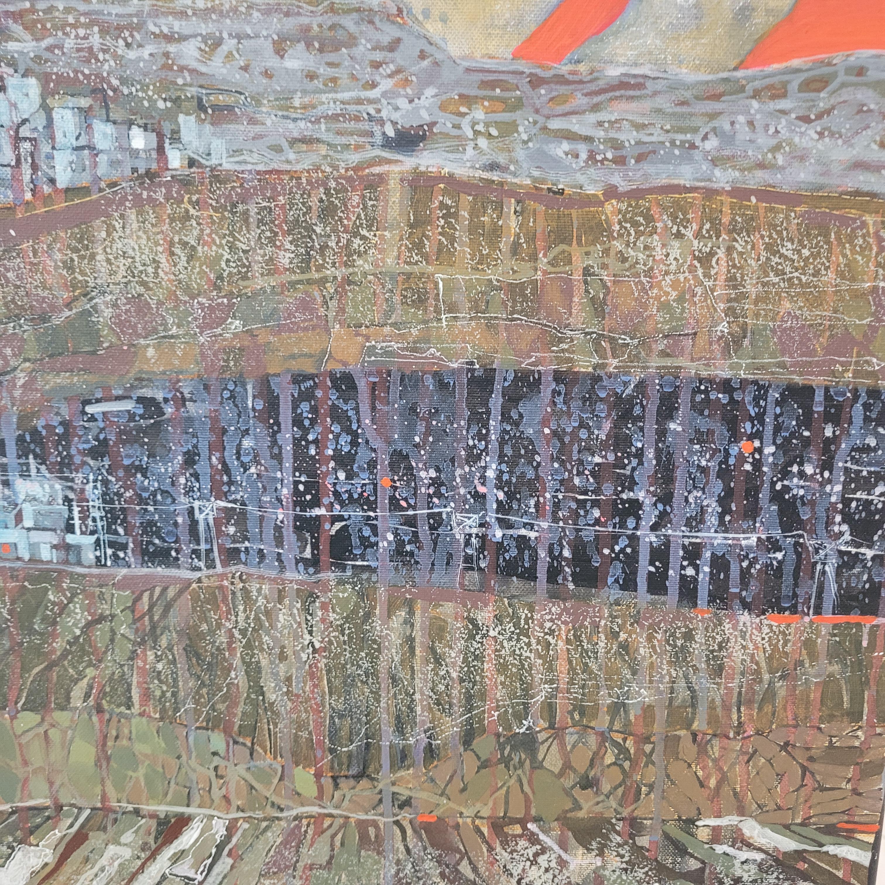 Paisaje contemporáneo pintado en acrílico por el artista polaco Andrzej Borowski. Al artista le fascinan las vistas mediterráneas y cómo va cambiando el paisaje durante el día y con cada estación. Esta fascinación dictó la elección de colores del