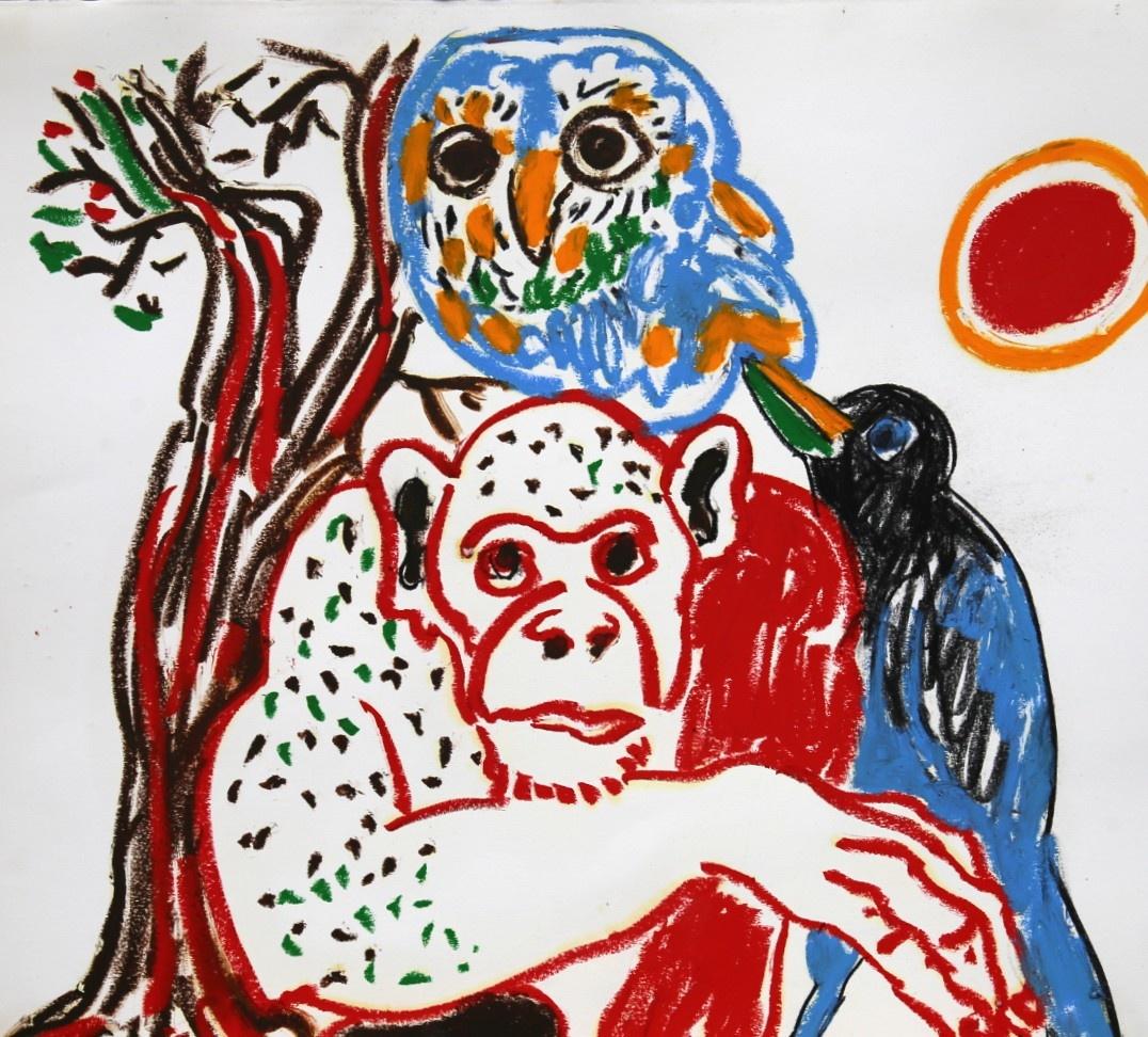 Monkey, Eule und geflochten – Polnischer Meister der Kunst, Tier pyramide, Pastell – Painting von Andrzej Fogtt