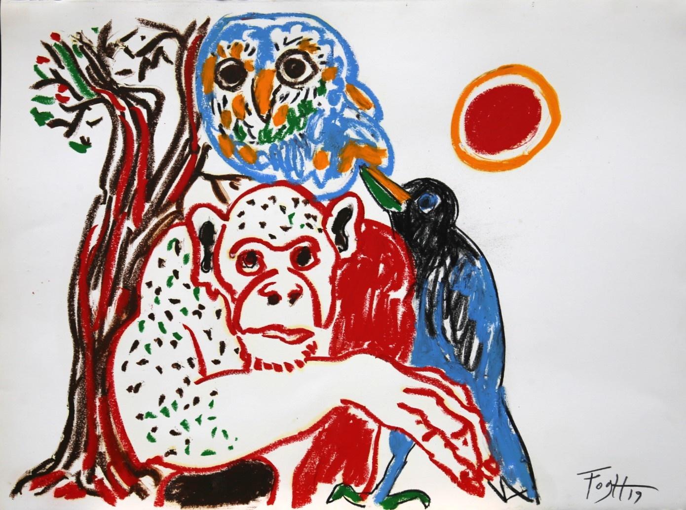 Monkey, owl and raven- Polish Master Of Art, Animals pyramid, Pastel