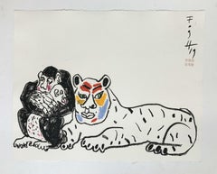 Monkey with child  - Polish Master Of Art, Pastels, Animals, Chinese zodiac sign