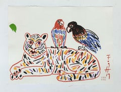 Parrots on tiger  - Polish Master Of Art, Pastels, Animals, Chinese zodiac sign