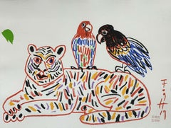 Parrots on tiger  - Polish Master Of Art, Pastels, Animals, Chinese zodiac sign