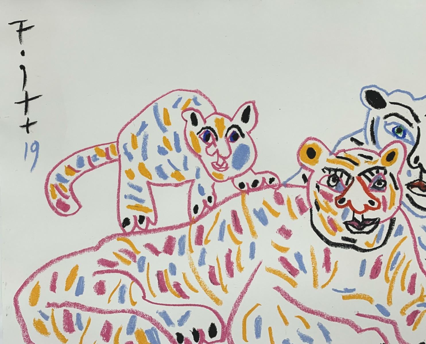 Tigres avec fils - Maître d'art polonais, pastels, animaux, signe du zodiaque chinois - Gris Figurative Painting par Andrzej Fogtt