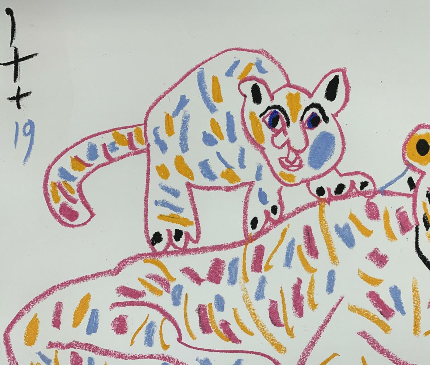 Tiger mit Sohn - Polnischer Kunstmeister, Pastellfarben, Tiere, chinesisches Tierkreiszeichen im Angebot 1