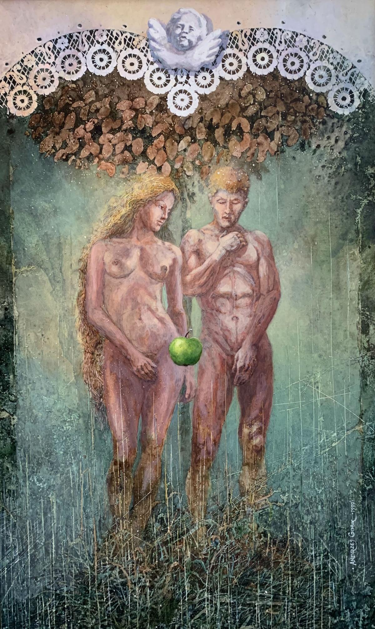 Adam and Eve. Mixed media painting, Figurative, Surrealistic, Polish artist - Painting by Andrzej Gosik 