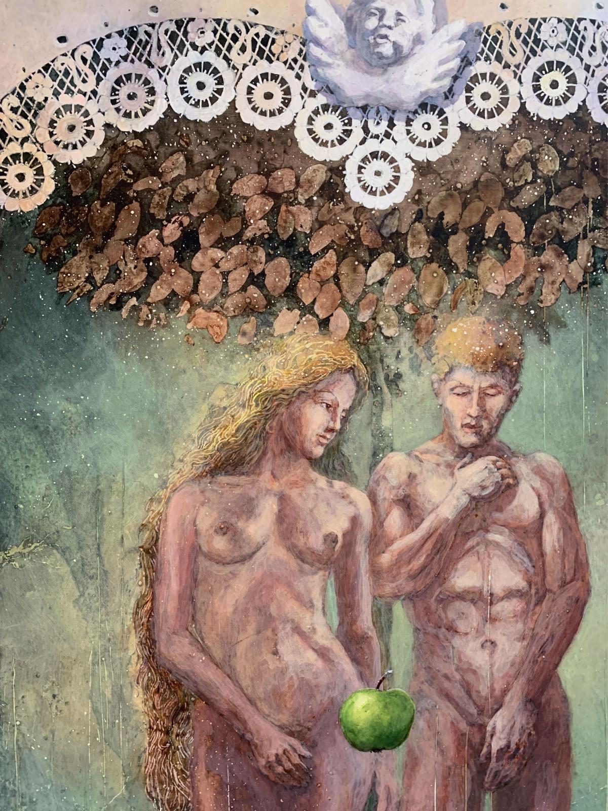 Adam and Eve. Mixed media painting, Figurative, Surrealistic, Polish artist 1