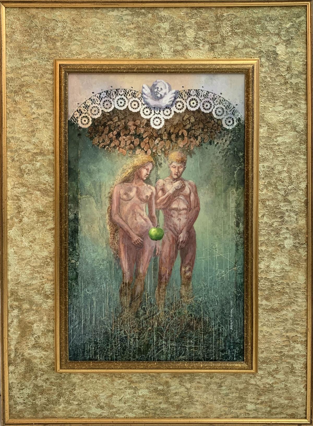Andrzej Gosik  Nude Painting - Adam and Eve. Mixed media painting, Figurative, Surrealistic, Polish artist