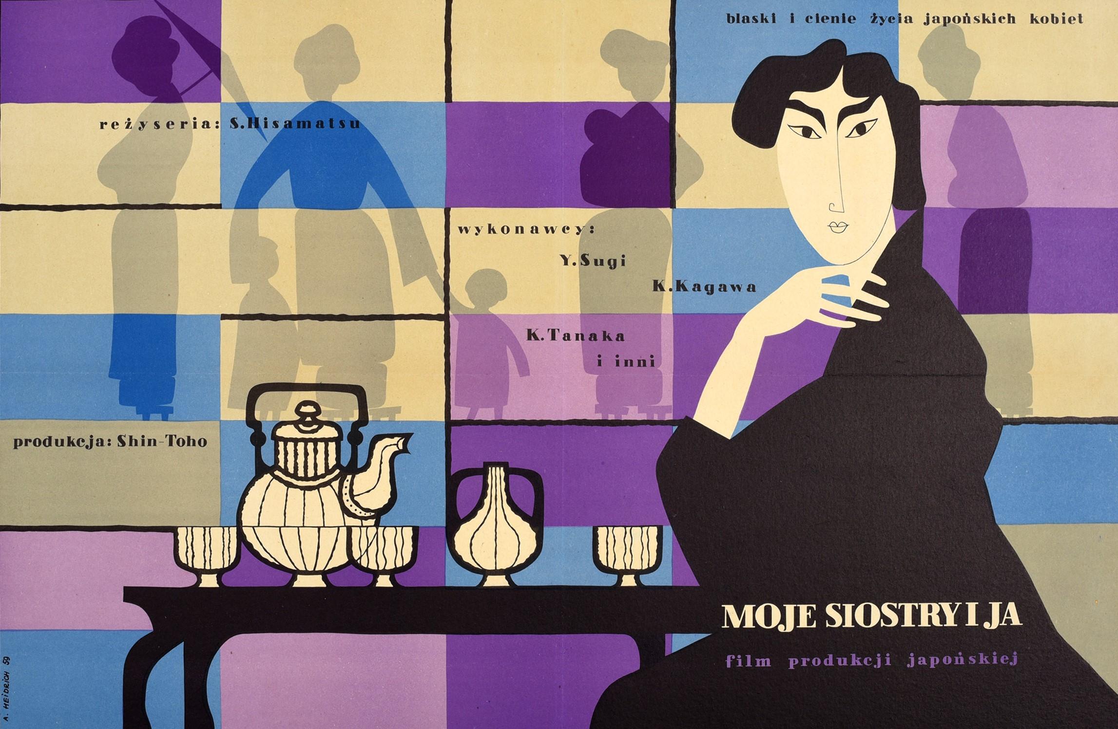 Affiche originale polonaise de 1954 pour le film japonais Onna no Koyomi / My Sisters and I / Moje Siostry i Ja réalisé par Seiji Hisamatsu et écrit par Toshiro Ide d'après le recueil de nouvelles Calendar de l'écrivain et poète japonais Sakae