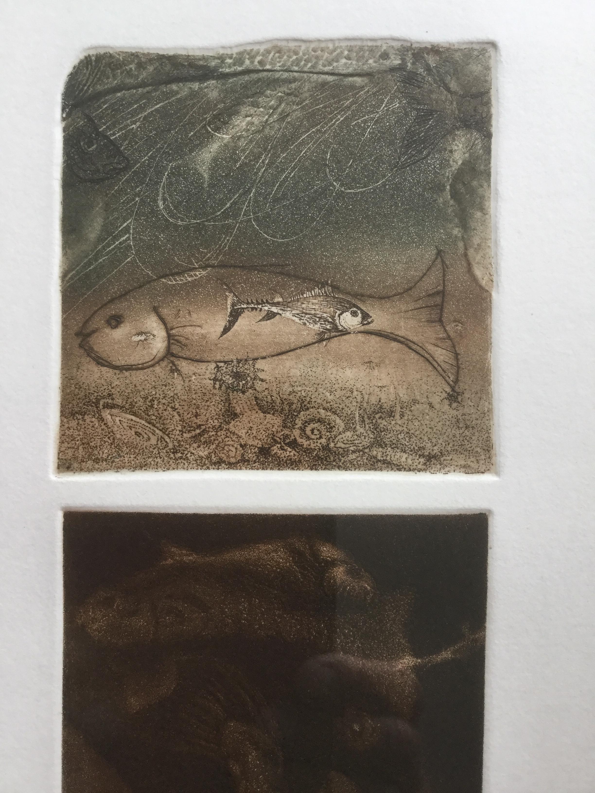 Fish Triptych - XX century, Figurative Etching Aquatint Print, small edition 7/X - Brown Landscape Print by Andrzej Juchniewicz