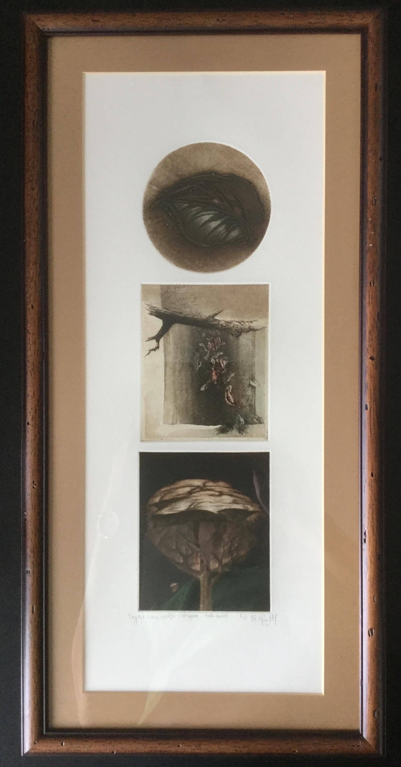 Tríptico Hojas, ramitas y árboles - Impresión mixta figurativa, pequeña edición 2/X