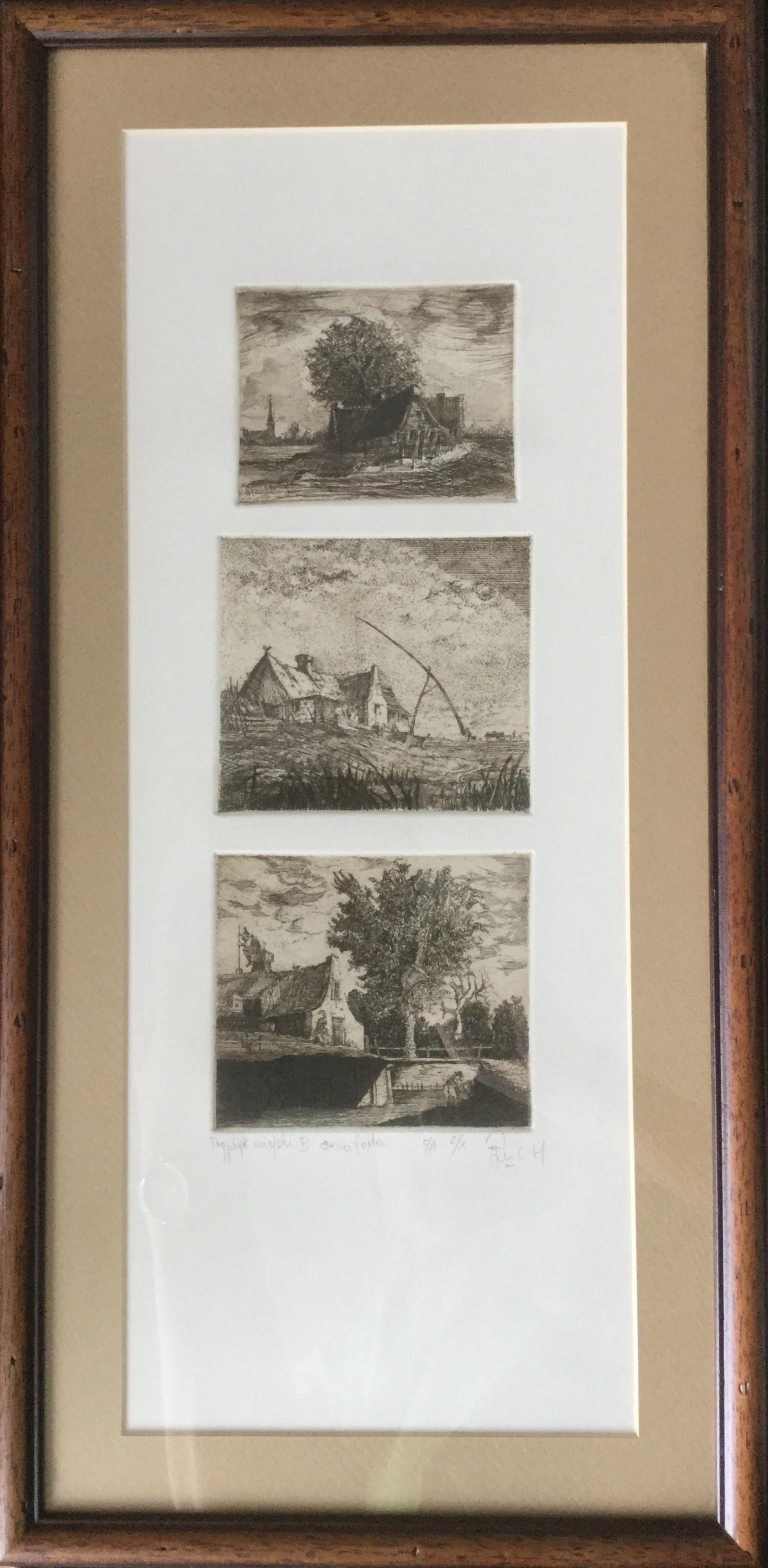 Tríptico del pueblo - Siglo XX, Grabado al aguafuerte figurativo, edición muy pequeña 2/X - Print de Andrzej Juchniewicz