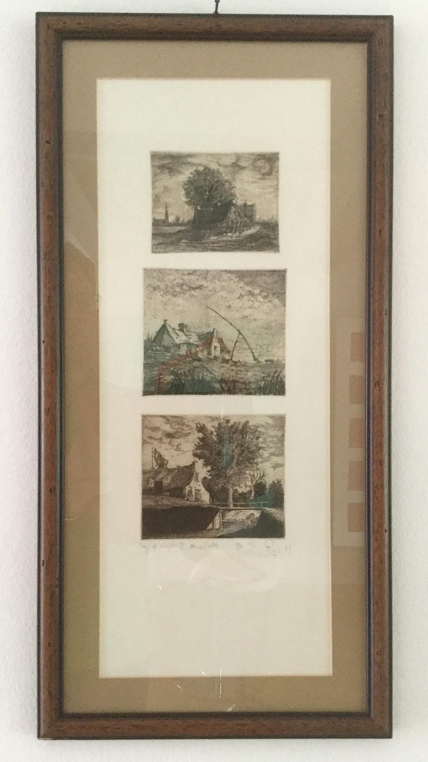 Village Triptych - XX century, Figurative Etching Print, very small edition 2/X