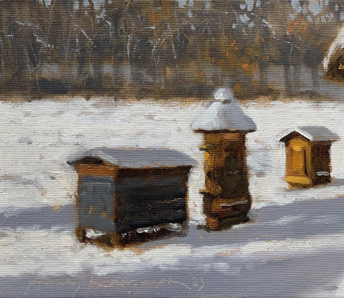 January beehives - 21 century, Oil painting, Landscape, Small scale, Polish art - Painting by Andrzej Kacperek