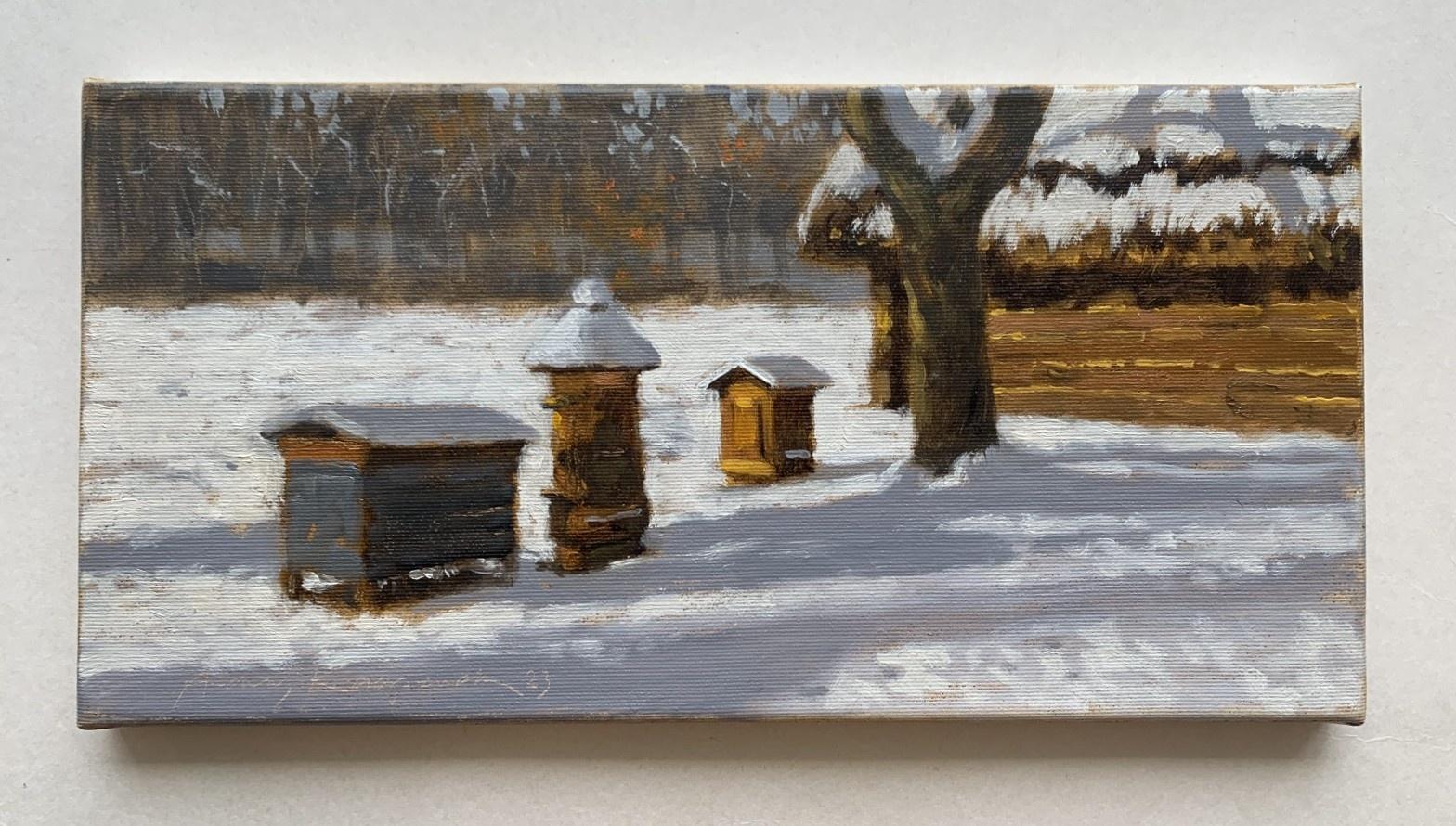 Andrzej Kacperek Landscape Painting - January beehives - 21 century, Oil painting, Landscape, Small scale, Polish art