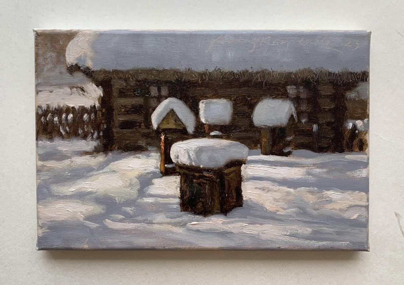 Sleeping beehives - 21 century, Oil painting, Landscape, Small scale, Polish art - Painting by Andrzej Kacperek