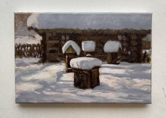 Sleeping beehives - 21 century, Oil painting, Landscape, Small scale, Polish art