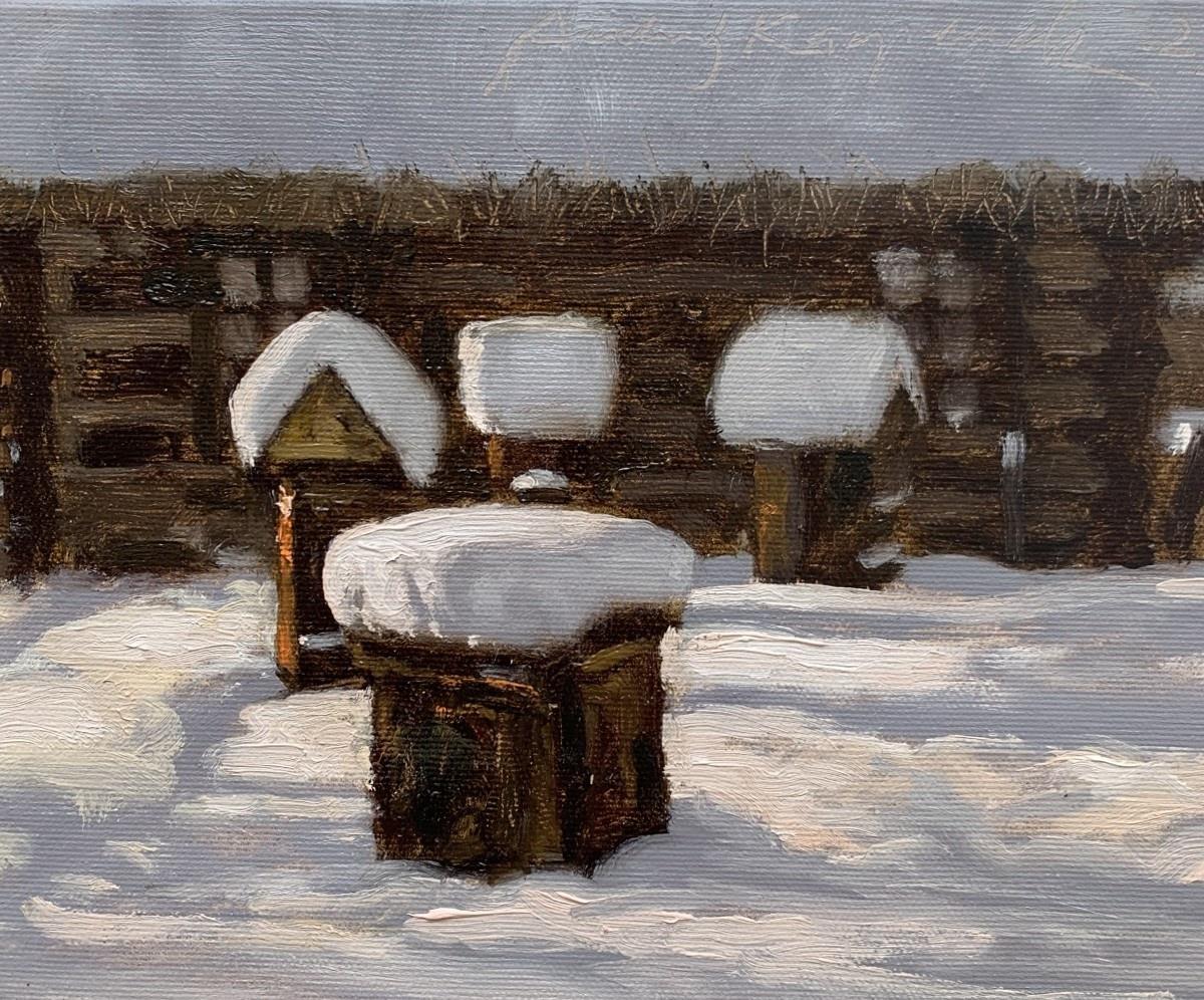 Sleeping beehives - 21 century, Oil painting, Landscape, Small scale, Polish art - Other Art Style Painting by Andrzej Kacperek
