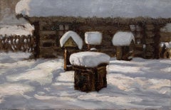 Sleeping beehives - 21 century, Oil painting, Landscape, Small scale, Polish art