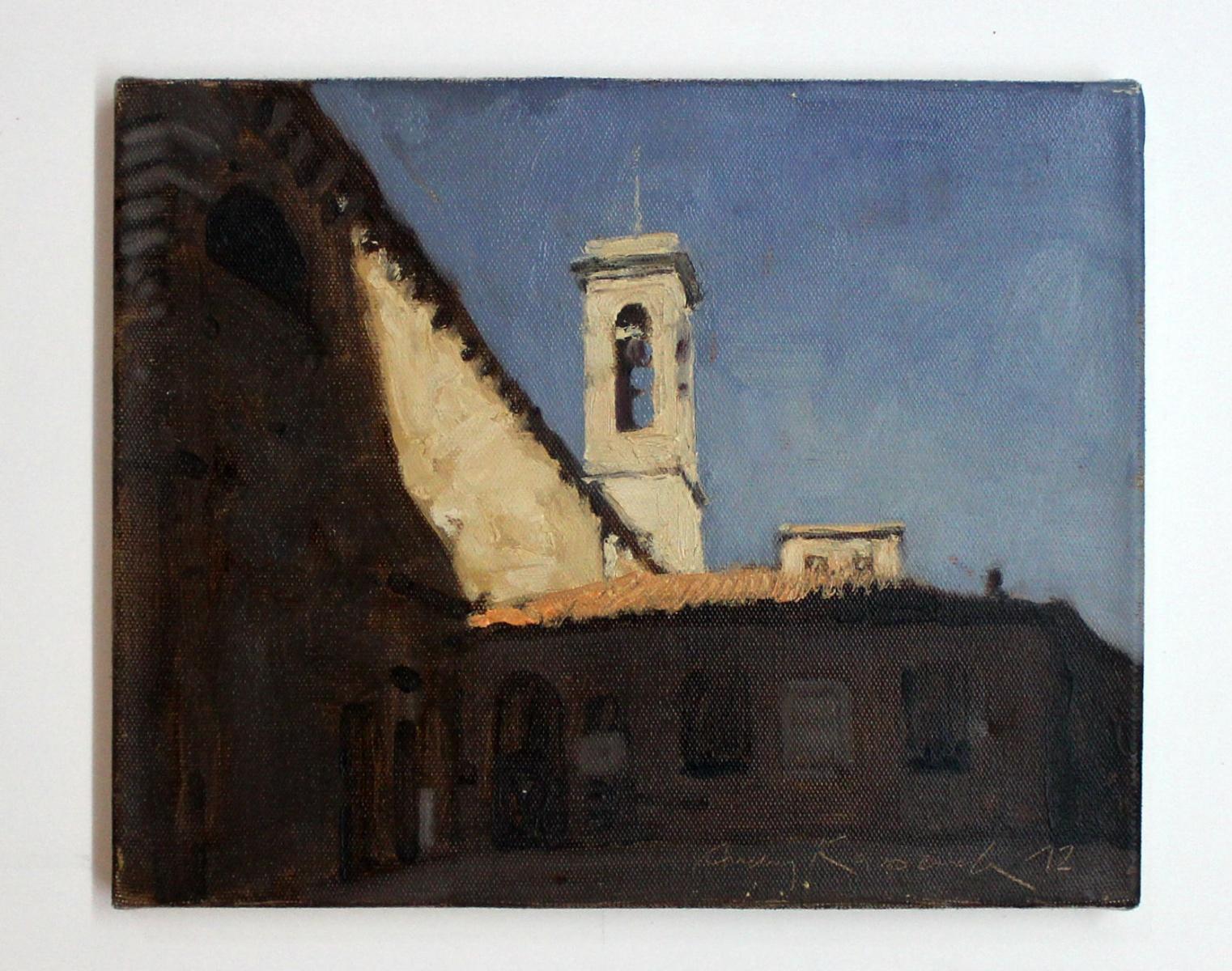 Volterra motif 2 - 21 century, Oil painting, Landscape, Small scale - Painting by Andrzej Kacperek