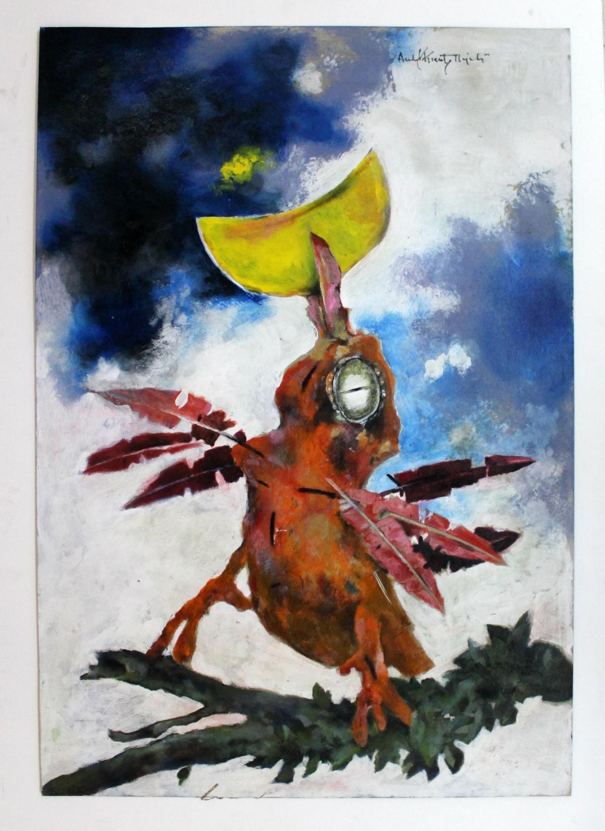 Oiseau avec lune - Peinture acrylique contemporaine, Animal, Grotesque - Painting de Andrzej Kreutz-Majewski