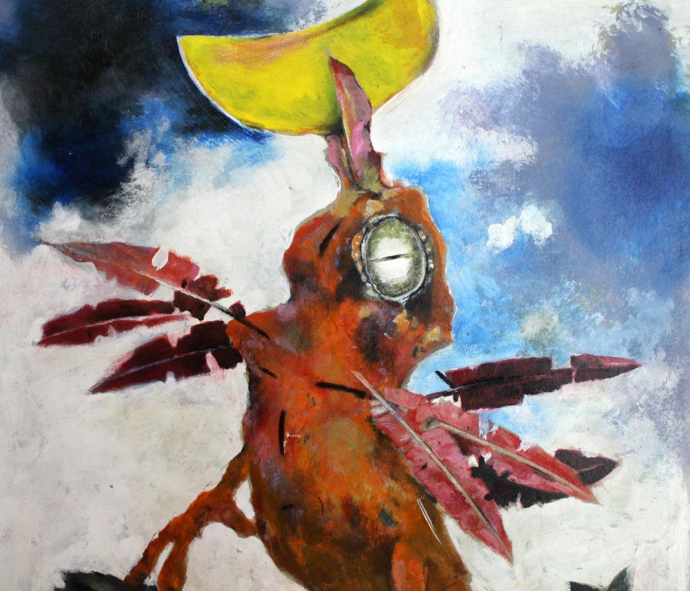 Vogel mit Mond – zeitgenössisches Acrylgemälde, Tier, Groteske (Zeitgenössisch), Painting, von Andrzej Kreutz-Majewski