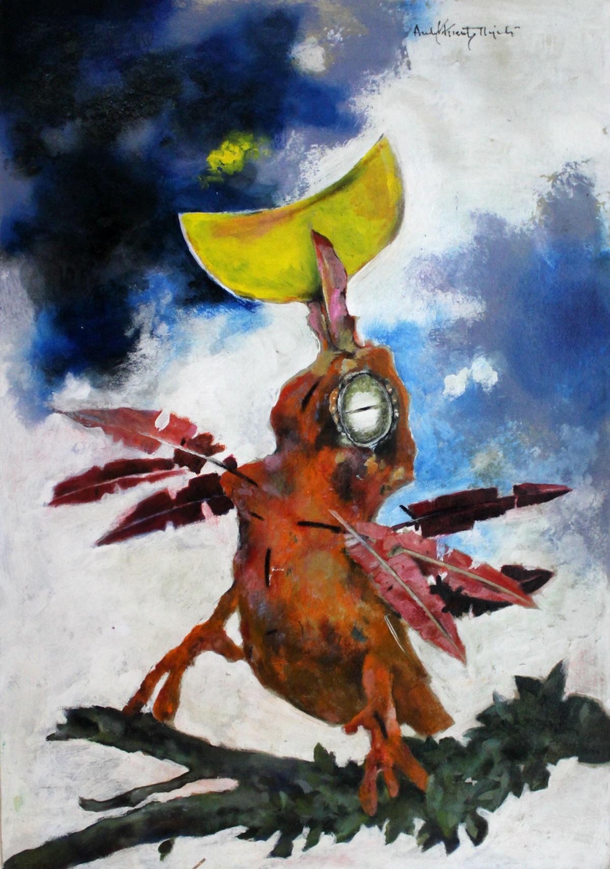 Vogel mit Mond – zeitgenössisches Acrylgemälde, Tier, Groteske