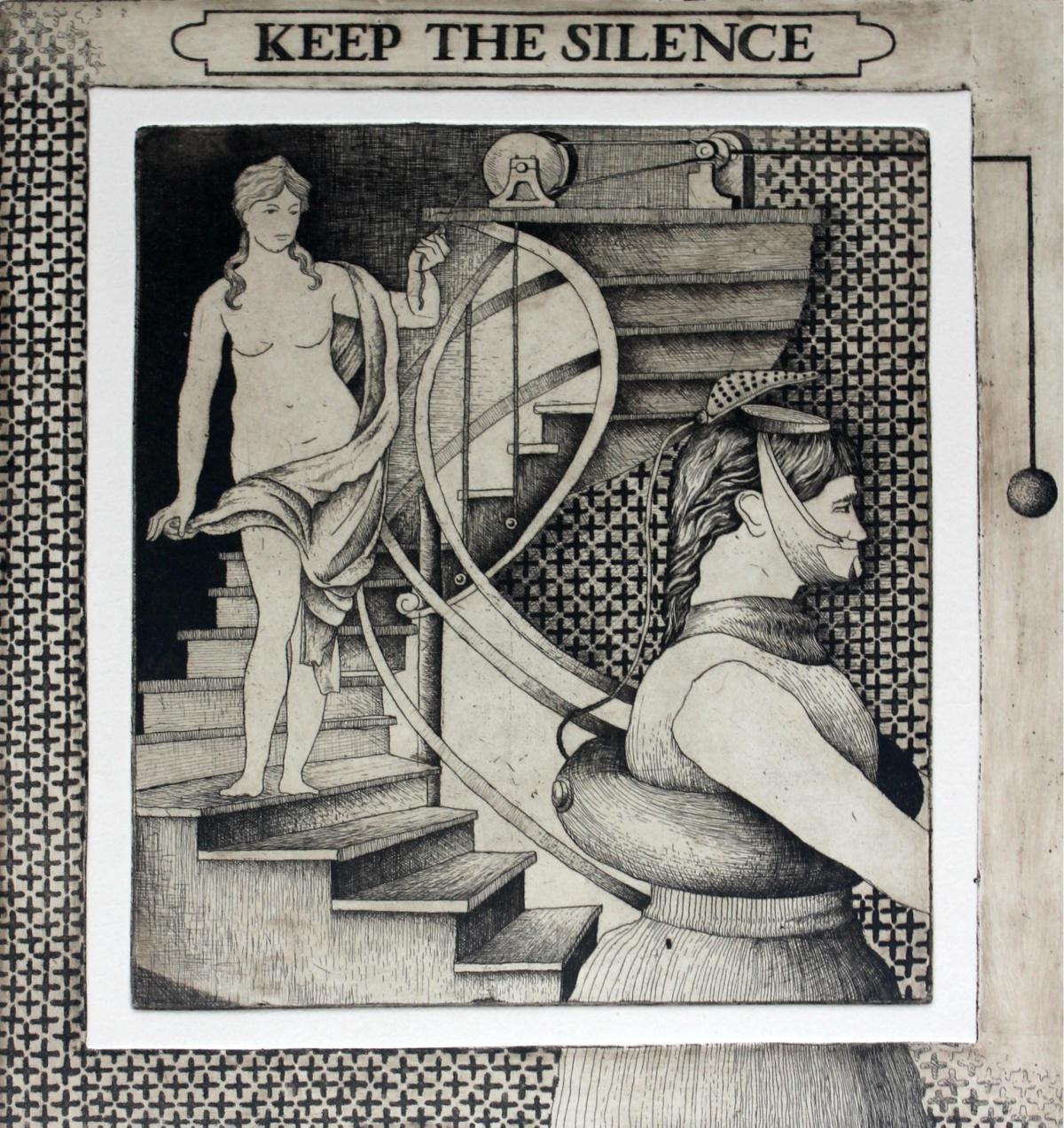Figurative Print de Andrzej Mazur - Mantén el silencio - Grabado al aguafuerte, Figurativo, Surrealista, Monocromático