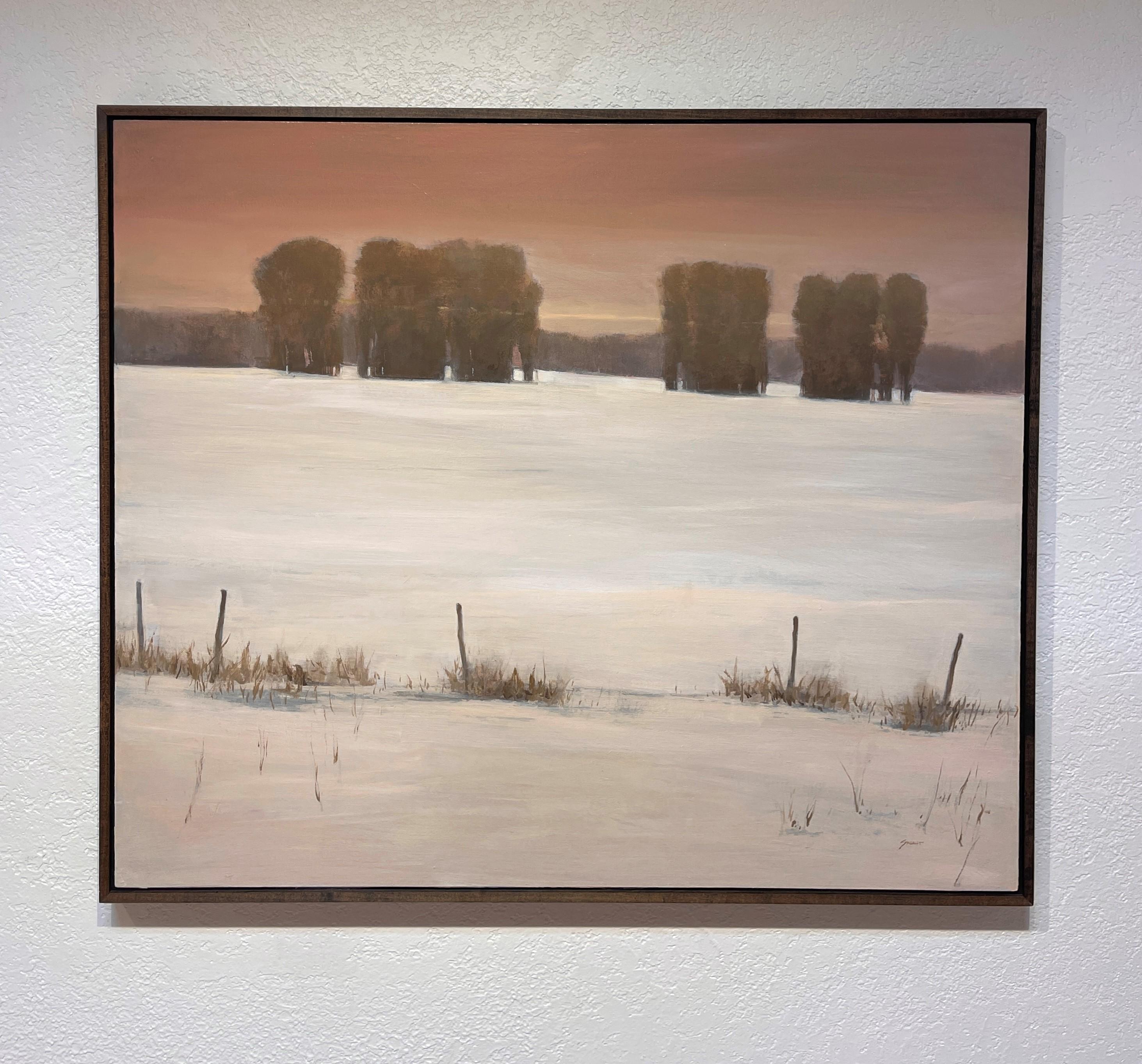 Wintersonnenuntergang (2025), Orginale Landschaft im Mittleren Westen, Ölgemälde (Beige), Landscape Painting, von Andrzej Skorut