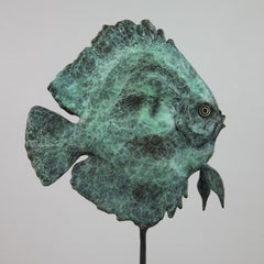 Discus Fish - Wildlife bronze green fish sculpture limited edition modern art