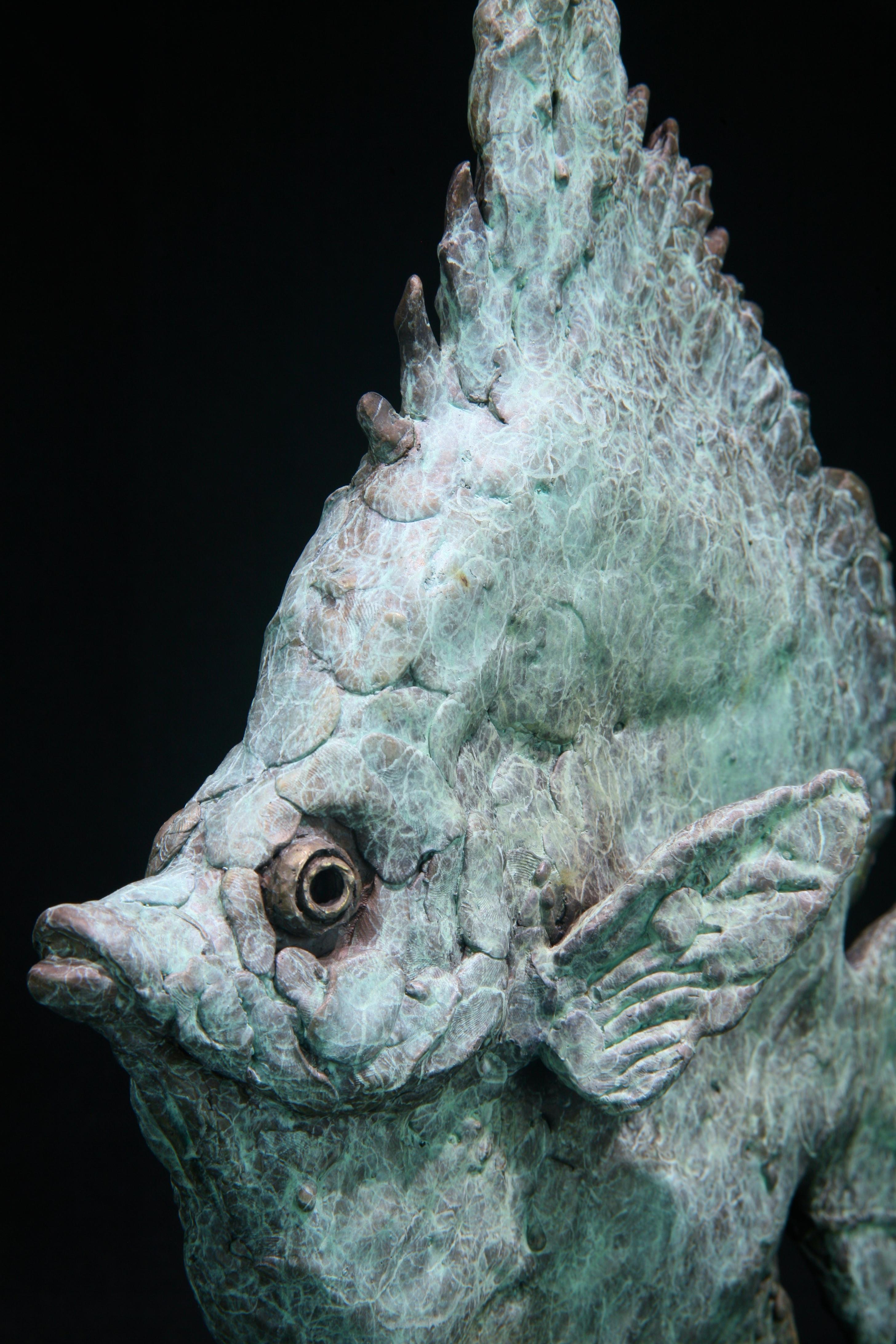 This contemporary marine sculpture by Andrzej Szymczyk depicts a Sea Angel Fish and is expertly cast in bronze. This unique free standing piece is finished with a serene green hue coating, a hue reminiscent of the whimsicality of the natural ocean