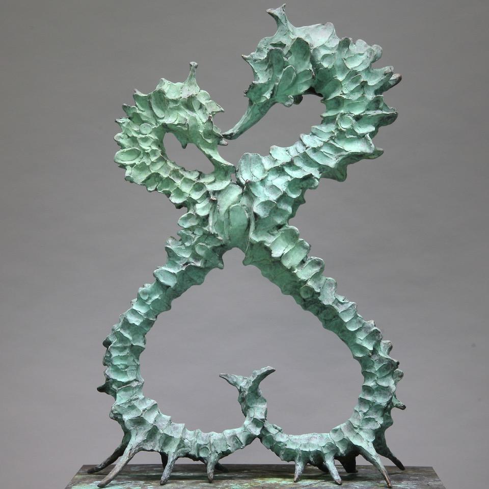 Seahorse Couple (verdigris)-original wildlife marine sculpture-contemporary Art - Sculpture by Andrzej Szymczyk