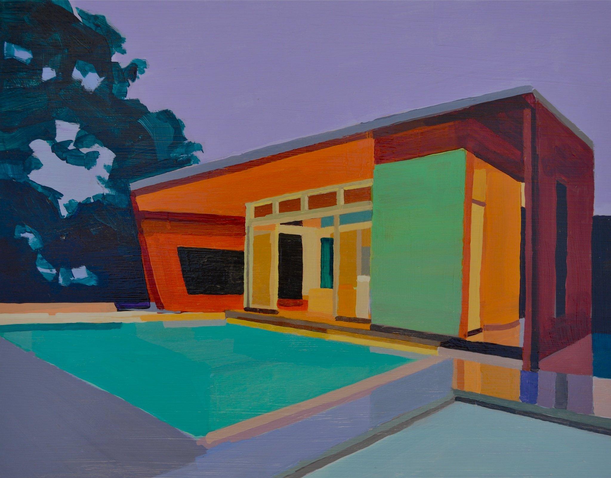 Maison moderne, ciel lavande, 2009, acrylique sur panneau encadrée derrière verre