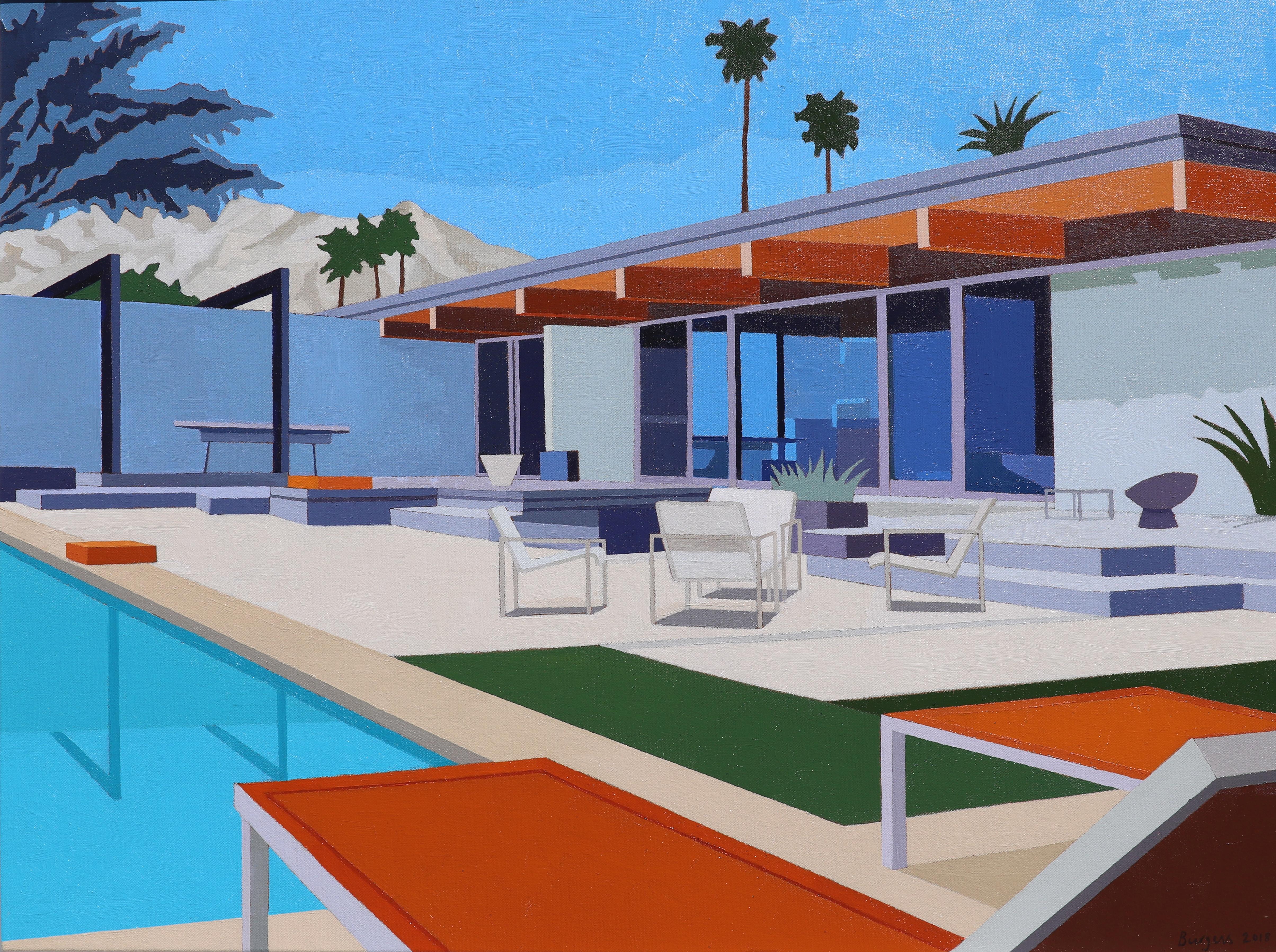 Andy Burgess Landscape Painting - "Palm Springs House with Orange Loungers"