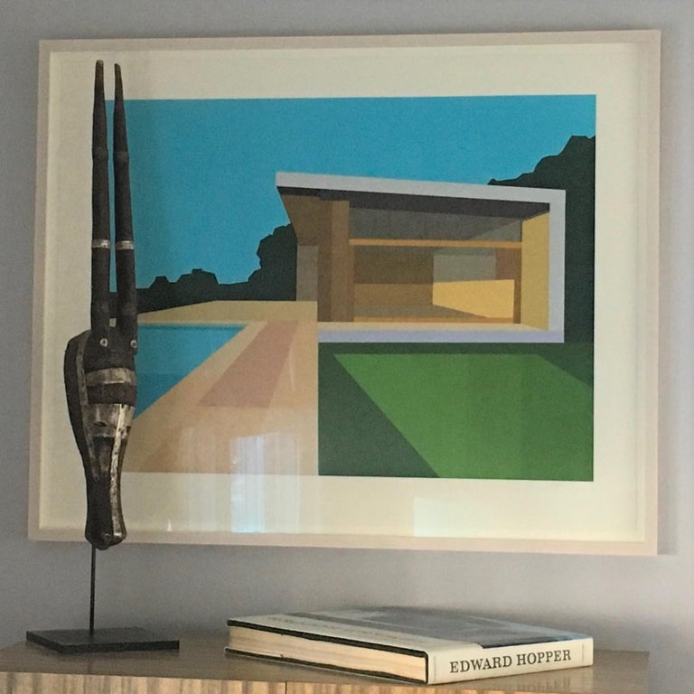 Pool House, Limited Edition Print, Mid-Century Modern, Architecture, Framed - Blue Landscape Print by Andy Burgess