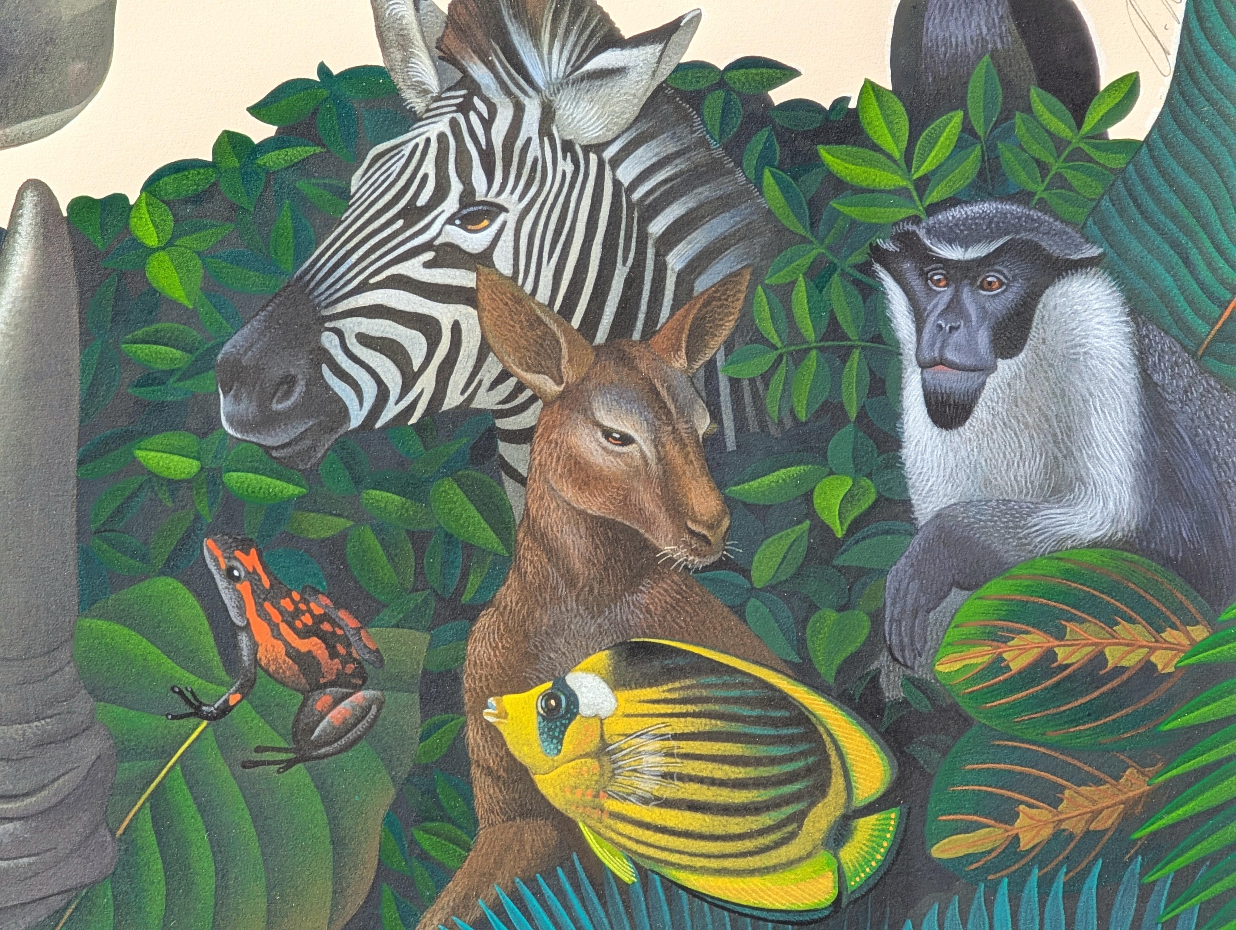 Hyperrealistische Malerei von Safari-Dschungeltieren im Laub für Zooball 1994 im Angebot 5