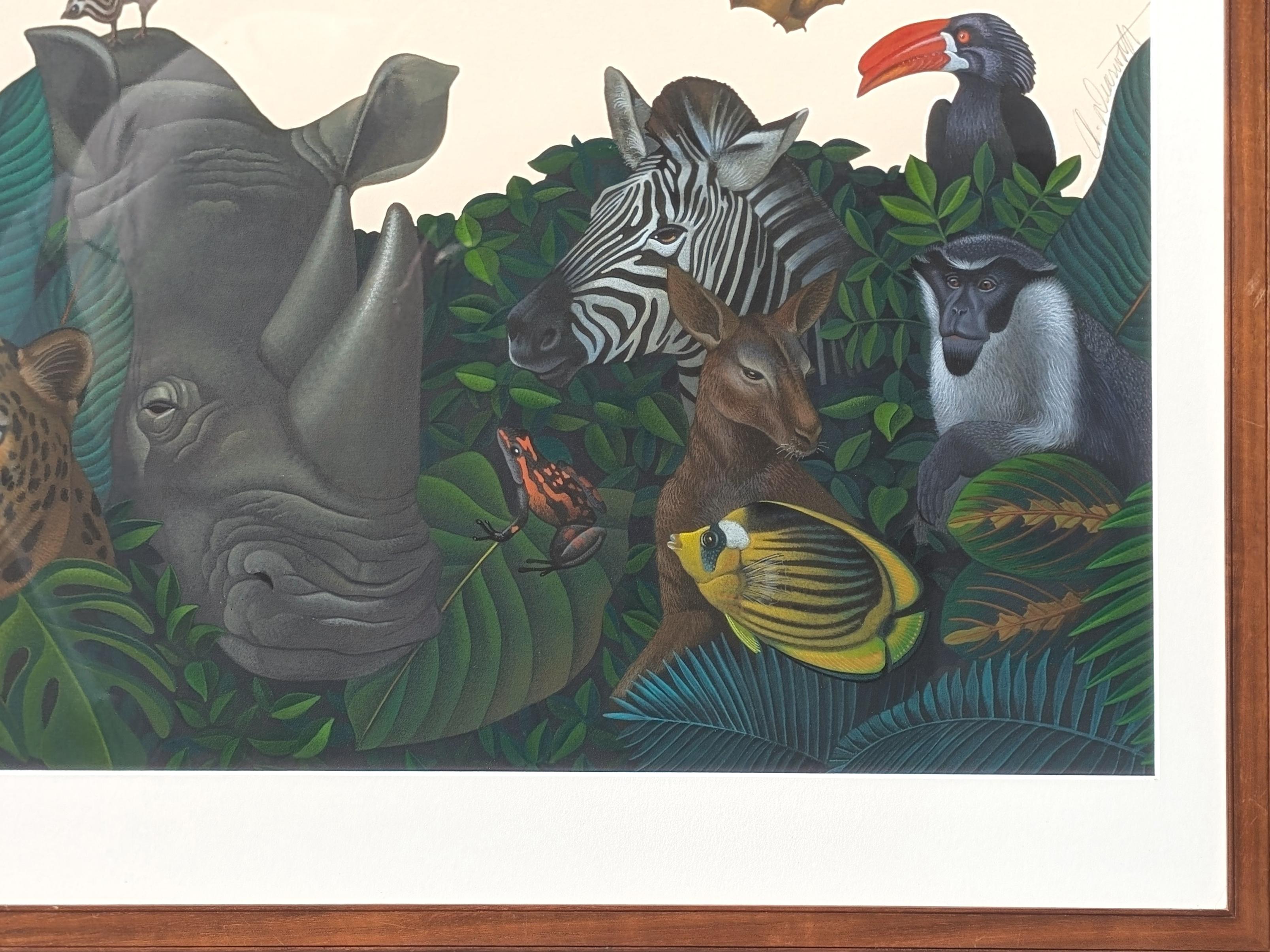 Hyperrealistische Malerei von Safari-Dschungeltieren im Laub für Zooball 1994 (Realismus), Painting, von Andy Dearwater